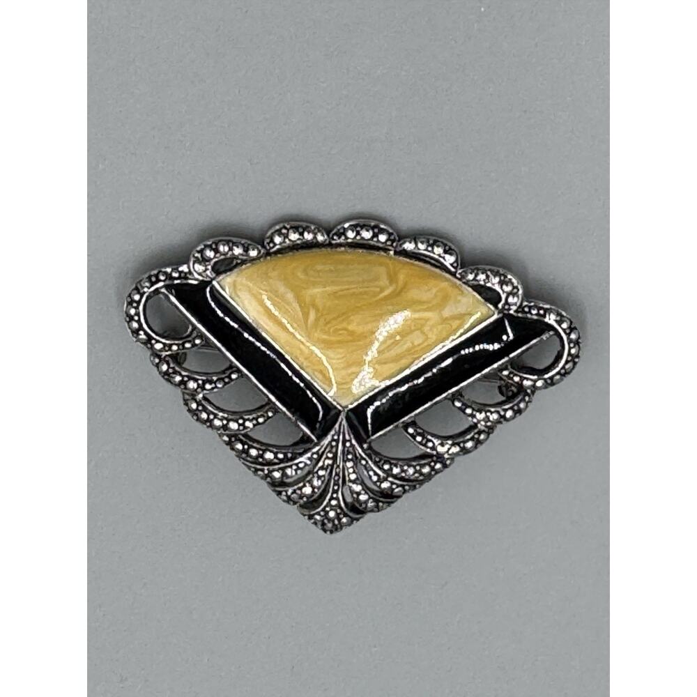 Vintage Art Deco Brooch Enamel Yellow Silver Colored Fan‎ Shaped